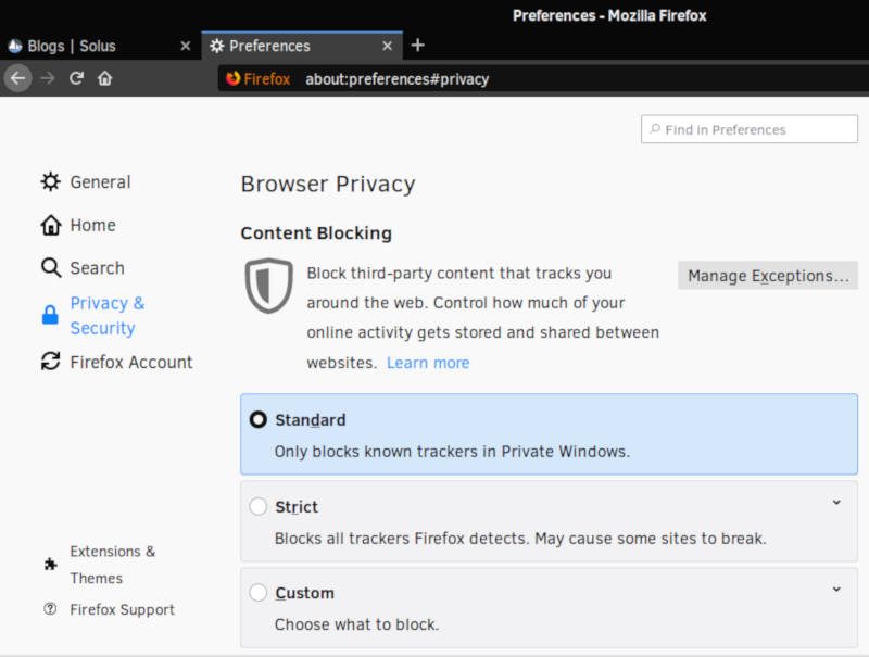 Privacy settings in Firefox