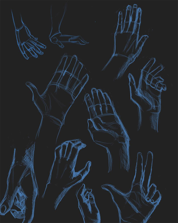 Dark background blue pencil hand drawings
