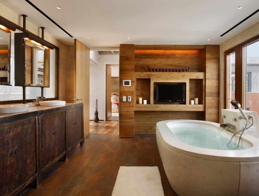 Интерьер ванной в стиле хай тек с деревянной отделкой