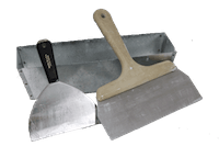 photo of drywall joint knives and a mud pan