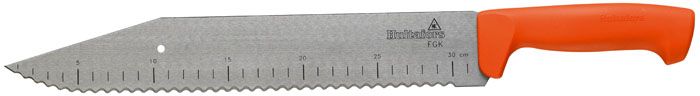 Профессиональный инструмент для резки – широкий длинный нож из углеродистой стали. Длина лезвия – 35 сантиметров, рукоятка из прочного пластика очень удобна в работе