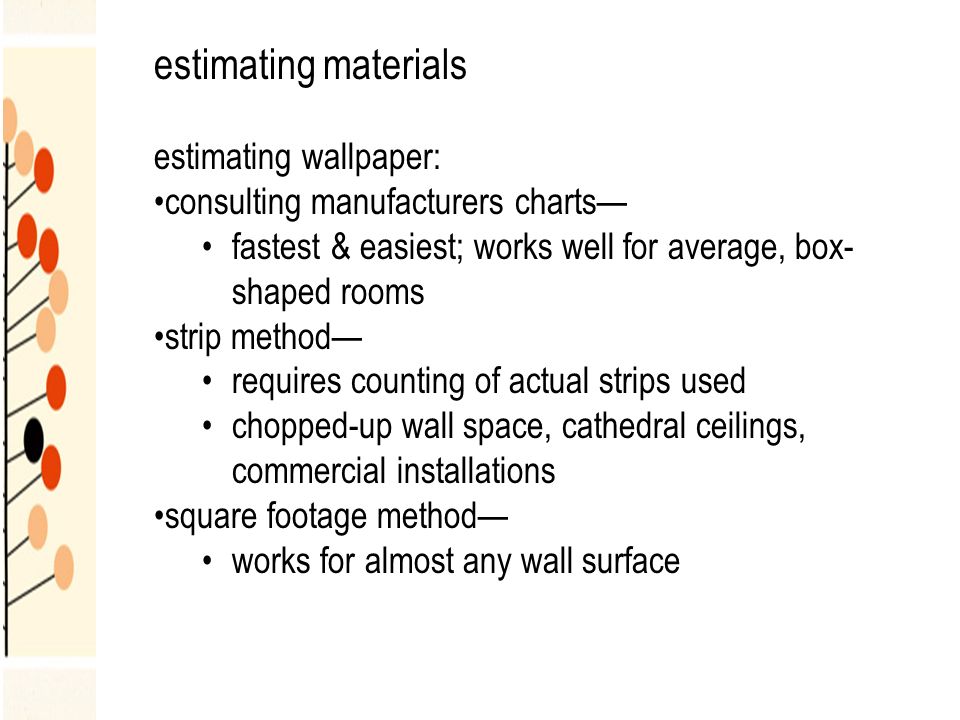 estimating wallpaper: consulting manufacturers charts— fastest & easiest; works well for average, box- shaped rooms strip method— requires counting of actual strips used chopped-up wall space, cathedral ceilings, commercial installations square footage method— works for almost any wall surface