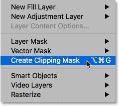 Choosing the Create Clipping Mask command in Photoshop.