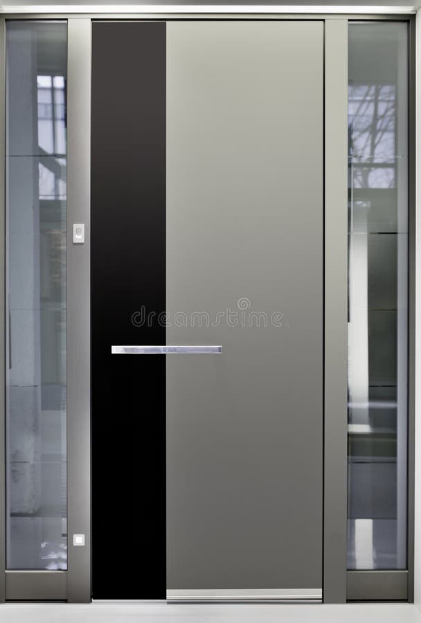 Aluminum Front Door. Massive Metallic Entry Front Door stock photo