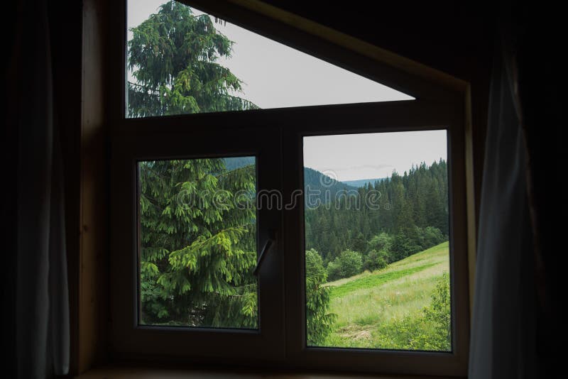 Amazing green view through window of wooden rustic house royalty free stock photos
