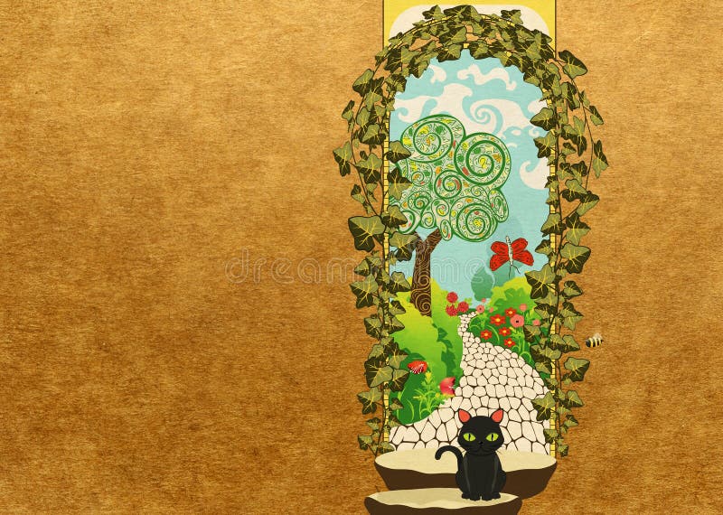 Arch doorway in the garden. Vintage arch doorway in the secret garden, illustration with paper texture vector illustration