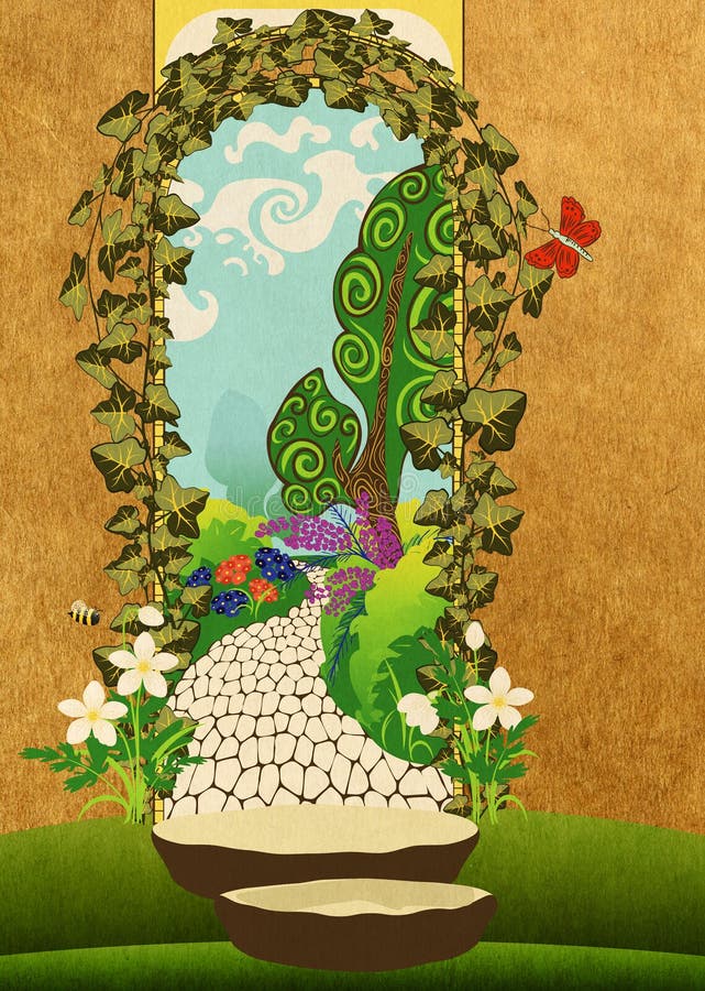 Arch doorway in the garden. Vintage arch doorway in the secret garden, illustration with paper texture stock illustration