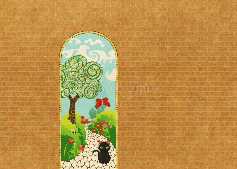 Arch doorway in the garden. Vintage arch doorway in the secret garden, illustration with paper texture royalty free illustration