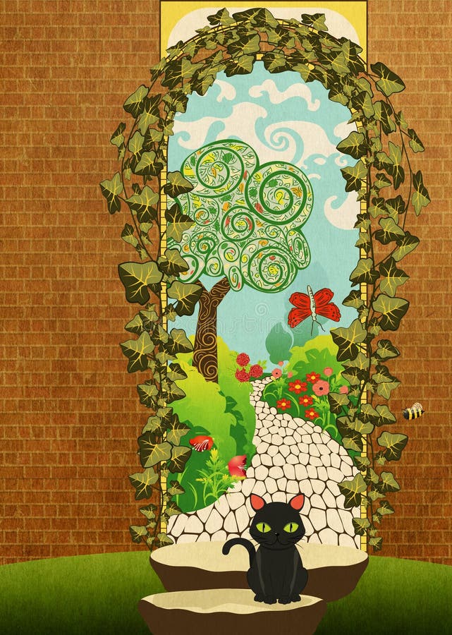 Arch doorway in the garden. Vintage arch doorway in the secret garden, illustration with paper texture royalty free illustration