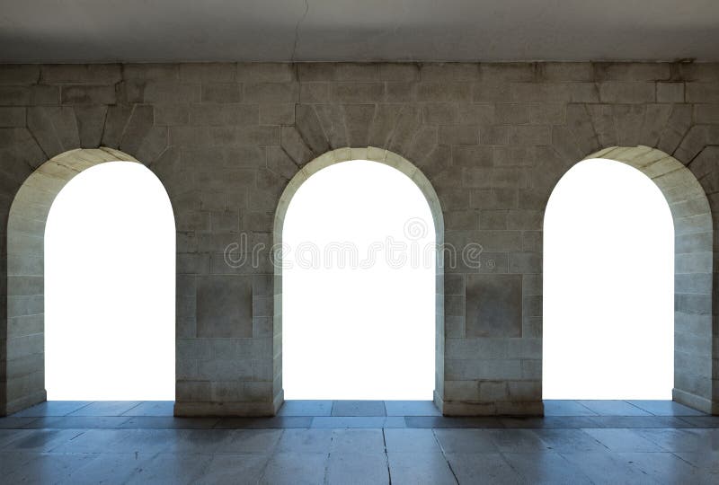 Architecture arch stone gate. Three white blank doors royalty free stock image