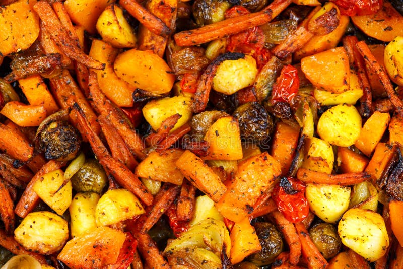 Baked in oven mix of vegetables. view from top.  stock images