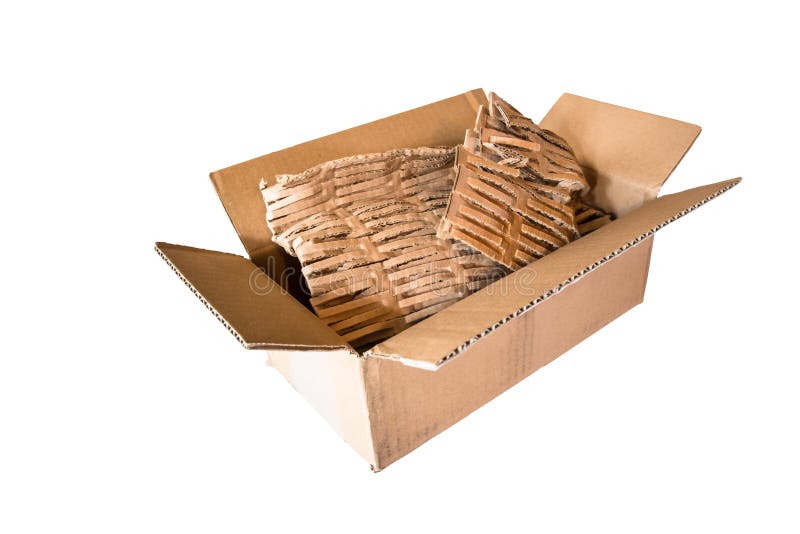 Cardboard shipping box. Open empty cardboard shipping box with eco-friendly packing material on isolated white background royalty free stock photography