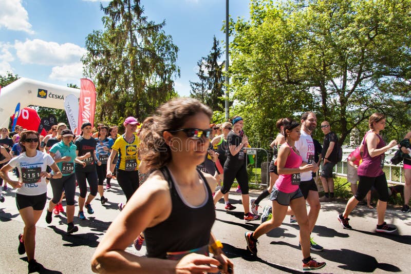 Charitable run `RunTour-Brno` in the dam area. Run to support the Foundation for the Blind. BRNO, CZECH REPUBLIC -27 MAY, 2017: Charitable run `RunTour-Brno` in royalty free stock image