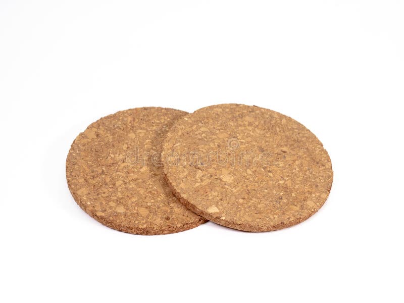 The close up of wooden cork coasters. On white background royalty free stock photos