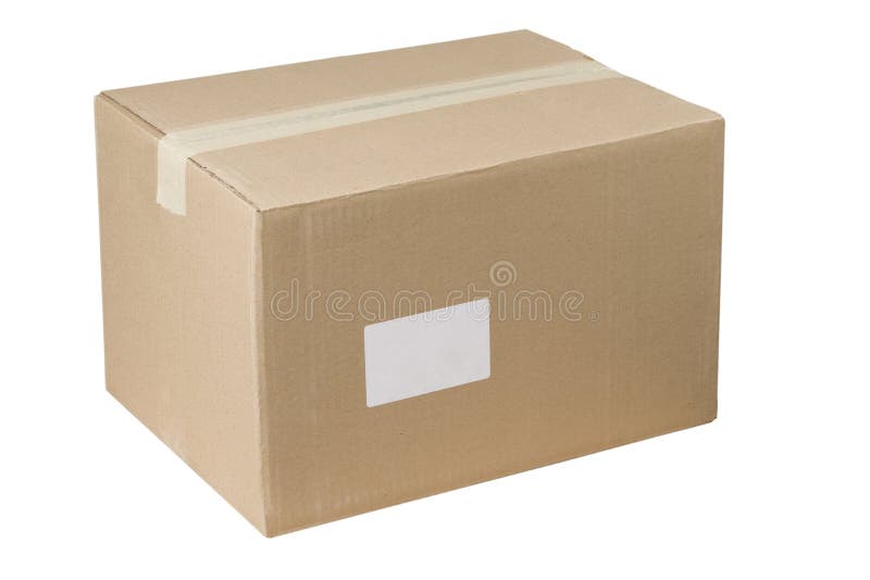 Closed shipping cardboard box whit and empty tag. Isolated closed shipping cardboard box whit white empty label royalty free stock images