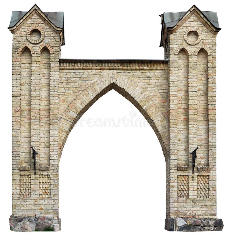 The decorative city street no name arch. Is made in classical style of old yellow bricks. Isolated on white background royalty free stock photos
