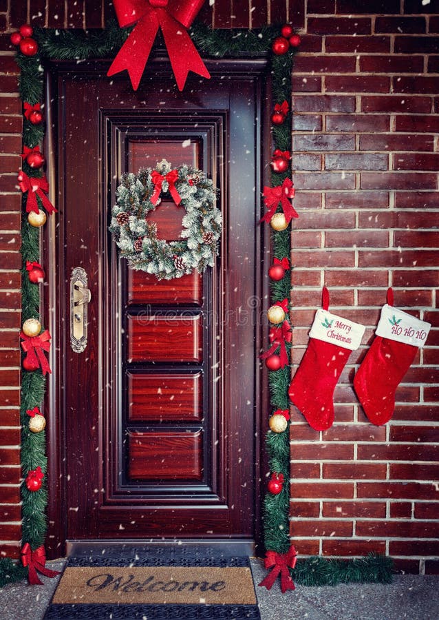 Decorative Wreath. Christmas front door. For holiday stock photography