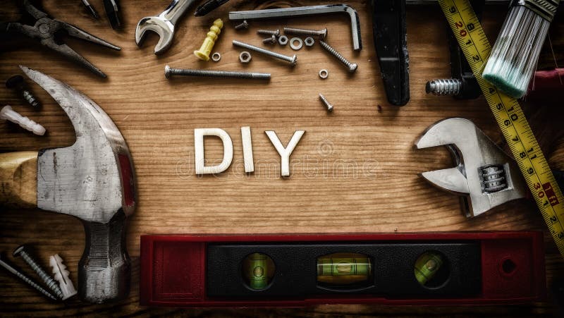 DIY Do It Yourself in Wooden Letters and Tools royalty free stock photography
