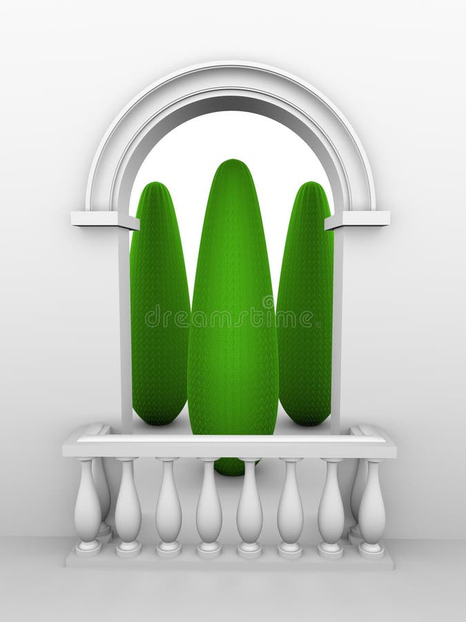 Doorway with arch and balustrade. And tree stock illustration