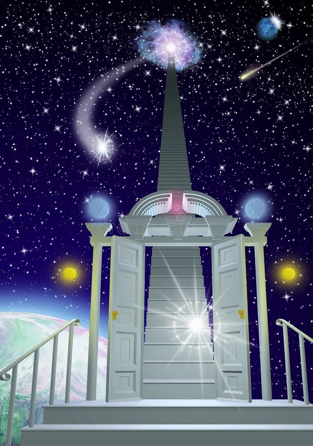 Dream Port. Floating high above a planet, a doorway and arch lead to stairs going up to swirling light in space with starry sky stock illustration