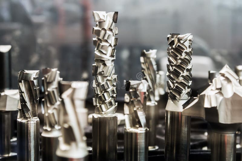 Drills on metal of different length and diameter. On a shop counter. Shallow depth of field stock photo