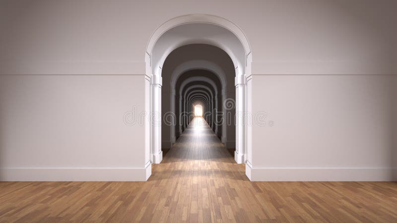 Empty white architectural interior with infinite arch doors, endless corridor of doorway, walkaway, labyrinth. Move forward, stock photography