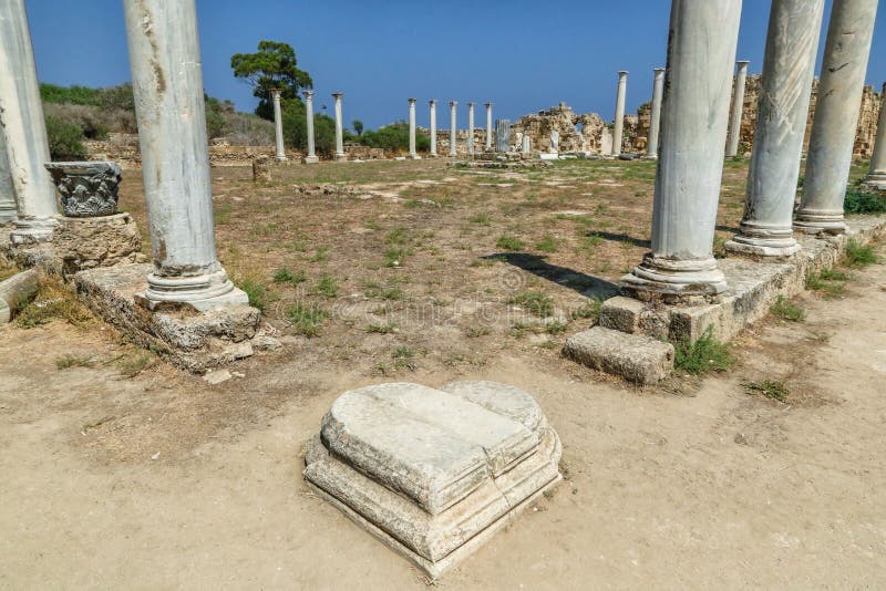 Famagusta, Turkish Republic of Northern Cyprus. Columns and heart shaped stone at Ancient City Salamis Ruins. Famagusta, Turkish Republic of Northern Cyprus stock images