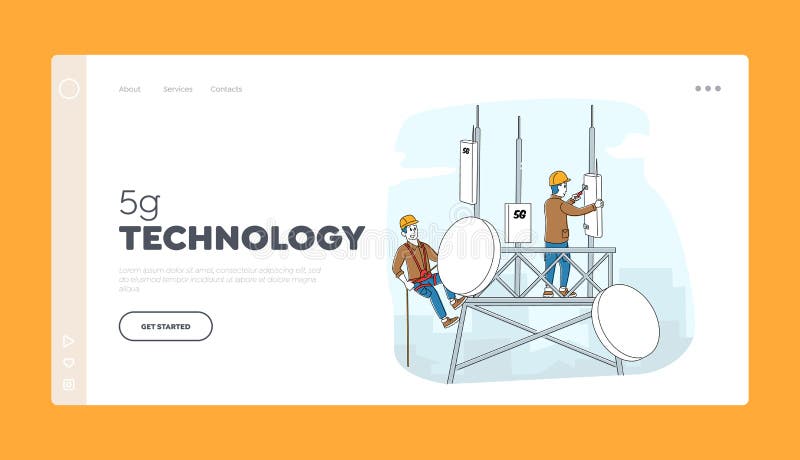 5G Internet Landing Page Template. Workers Character in Uniform Installing Equipment for Transmission royalty free illustration