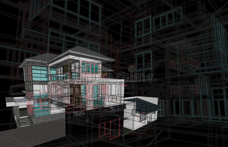 House design concept 3d perspective wire frame with material rendering on black background for abstract bussiness background vector illustration