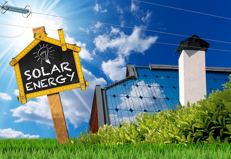 House Roof with Solar Panel and Power Line. Close-up of a house roof with a solar panel, power line and a sign with text Solar Energy, On a blue sky with clouds stock photos