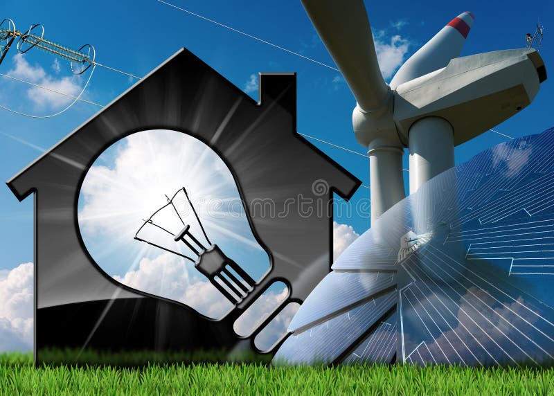 House with Solar Panel Wind Turbine and Power Line. Model house with a light bulb, solar panel, wind turbine and a power line on a blue sky with clouds, sun rays royalty free stock images
