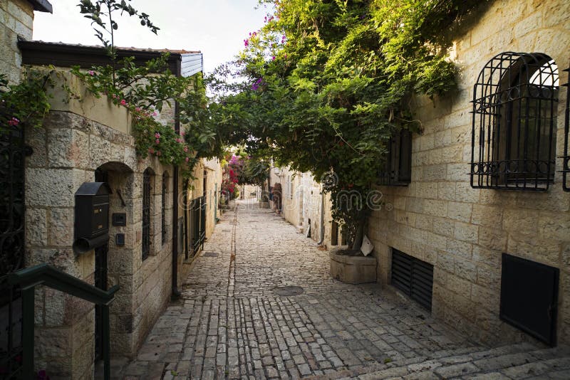 Idylic empty side street of some old town with climbers and flowers hanging from stone walls of cosy buildings. Narrow passage stock photo