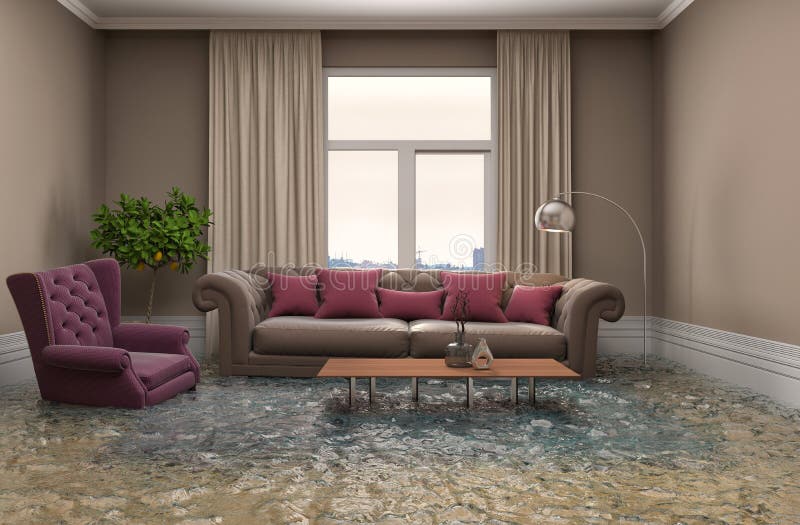 Interior of the house flooded with water. 3d illustration vector illustration