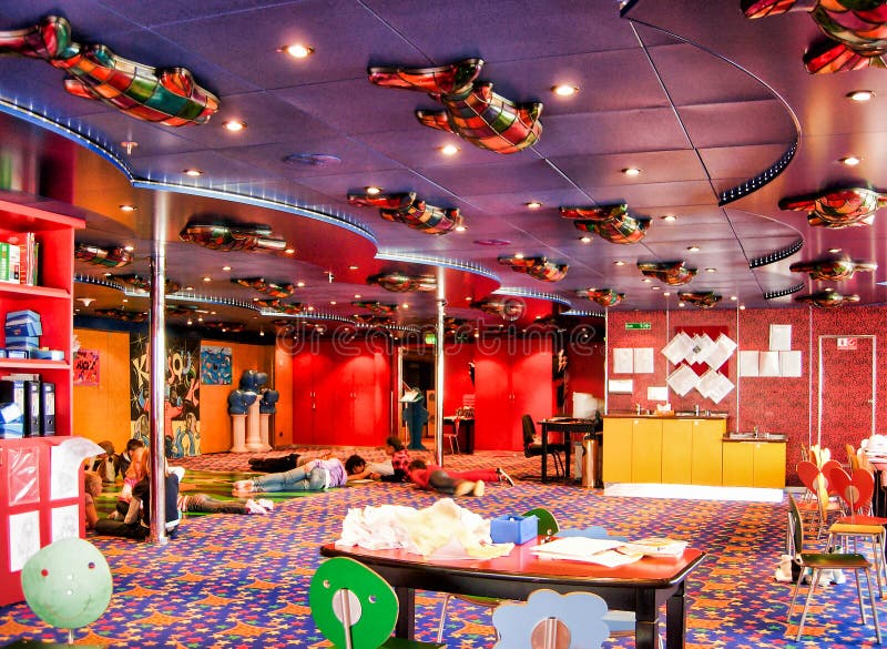 Kids Club on board the cruise ship Costa Magica of Costa Crociere. On the Baltic Sea  - June 1, 2009: Interior design of the Squok Children`s Club on board the royalty free stock images