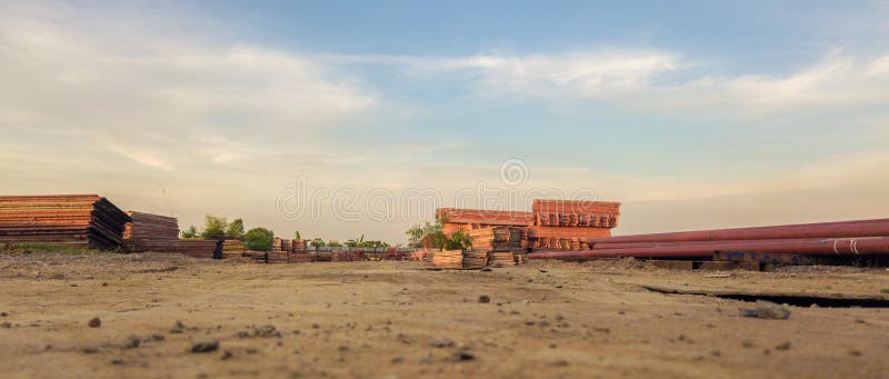 Landscape of a place to store a steel frame construction stock image