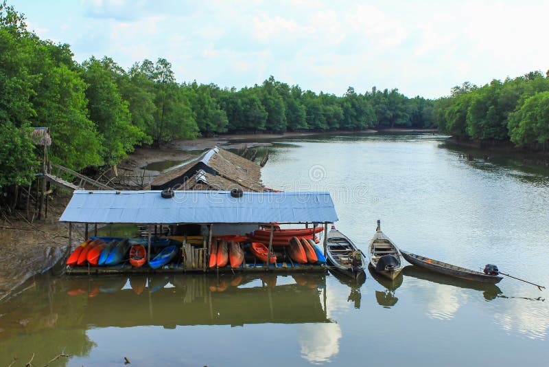 Mini house and stone mountain in the mangrove swamp. Krabi,thailand royalty free stock photos