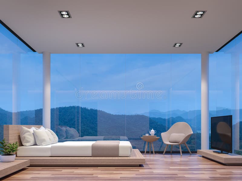 Night scene glass house bedroom with mountain view 3d rendering image stock illustration
