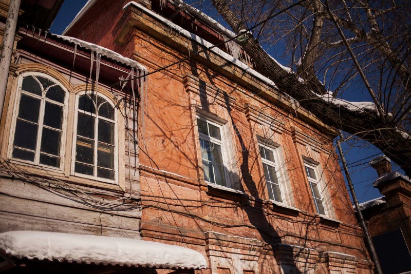 Old wooden house in the Irkutsk city royalty free stock photo