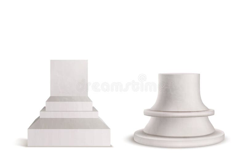 Pedestal, plinth, marble podium set mockup design. Pedestal, plinth, marble podium set isolated on white background. Mockup graphic element for product or stock illustration