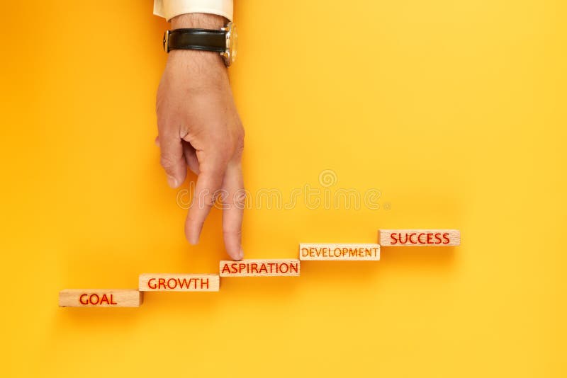 personal growth concept. staircase made of wooden blocks with the inscriptions goal, aspiration, development royalty free stock images