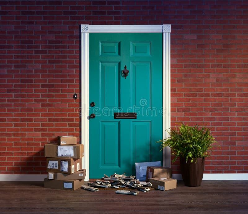 Residential front door with stacks of delivered boxes and newspapers; owner not home. Blue residential front door with stacks of delivered boxes and newspapers royalty free stock photo