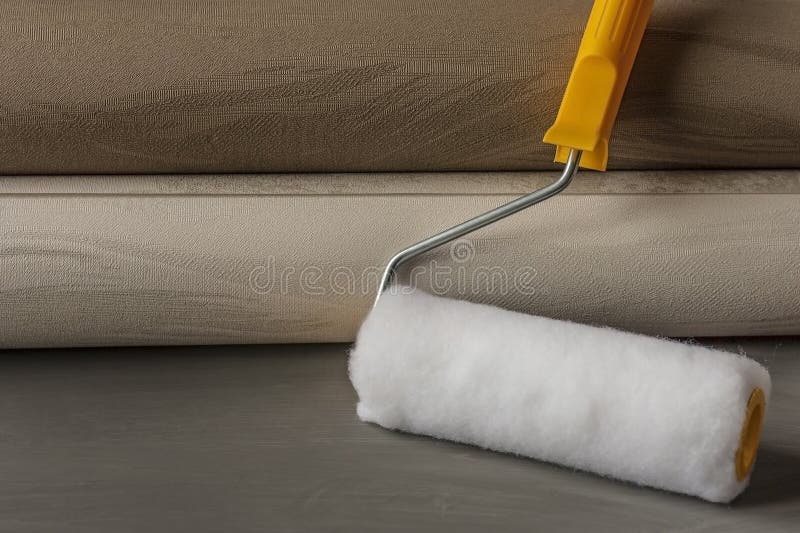 Rolls of wallpaper and roller for their sticking. The concept of tools for home repair and interior renovation indoors. Copy space stock photography