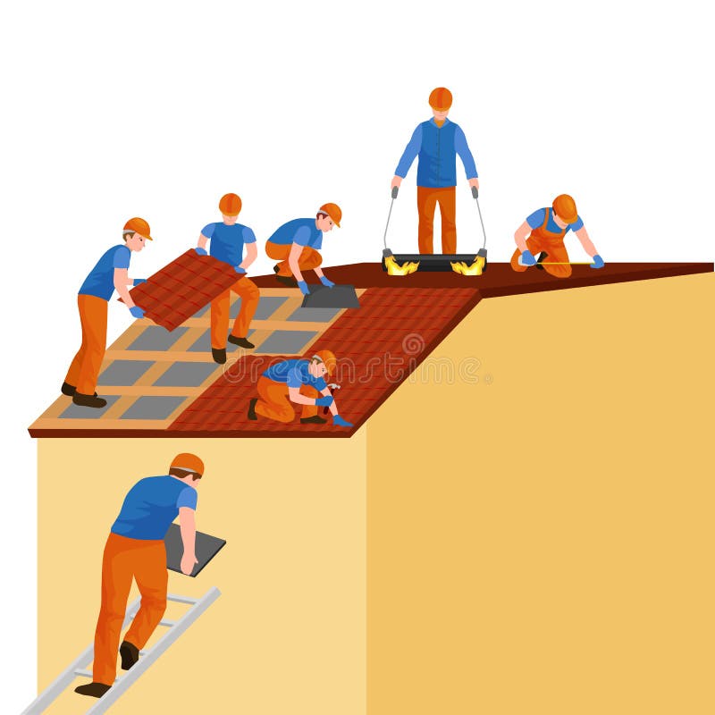 Roof construction worker repair home, build structure fixing rooftop tile house with labor equipment, roofer men with royalty free illustration