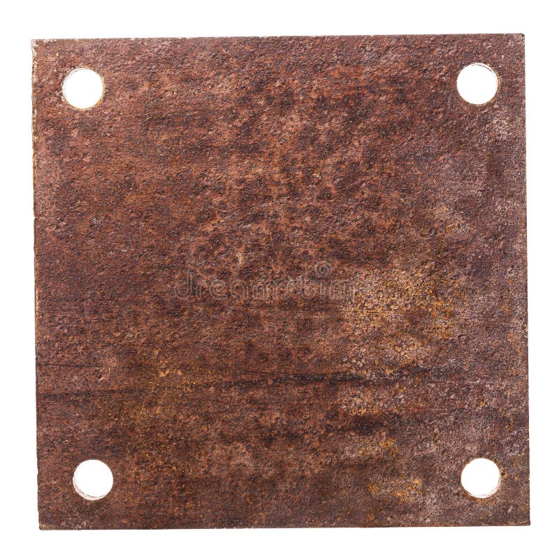 Rusty metal plate with four holes for fastening isolated on a white background.  stock photo