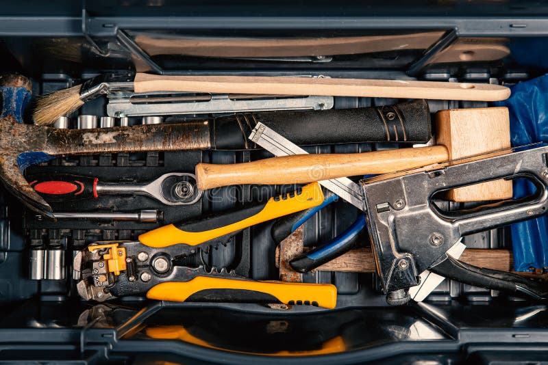 Set of working tools in tool box, top view. Do it yourself stock photography