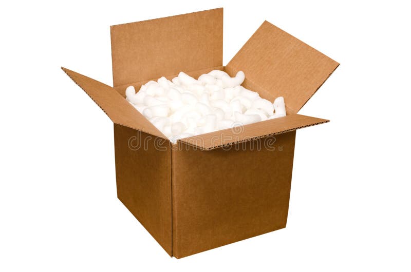 Shipping Box. With packing peanuts isolated on white background with clipping path royalty free stock photos