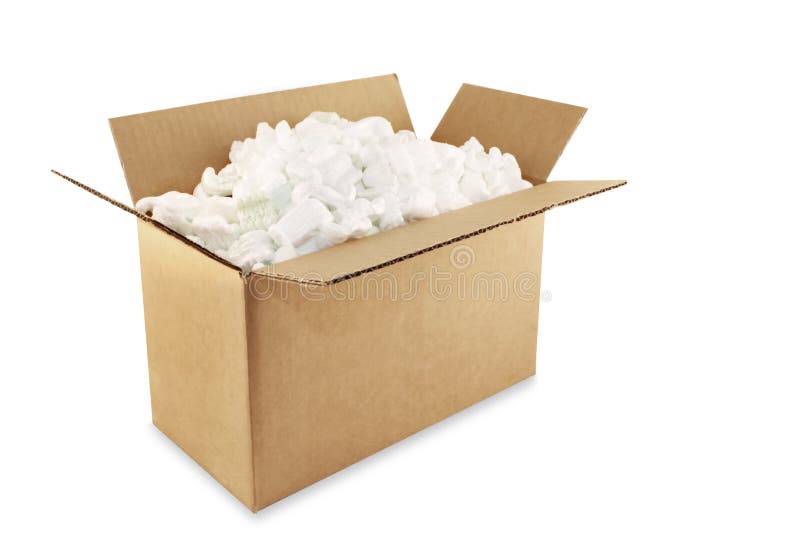 Shipping Box. Cardboard shipping box filled with styrofoam peanuts, isolated on white royalty free stock image