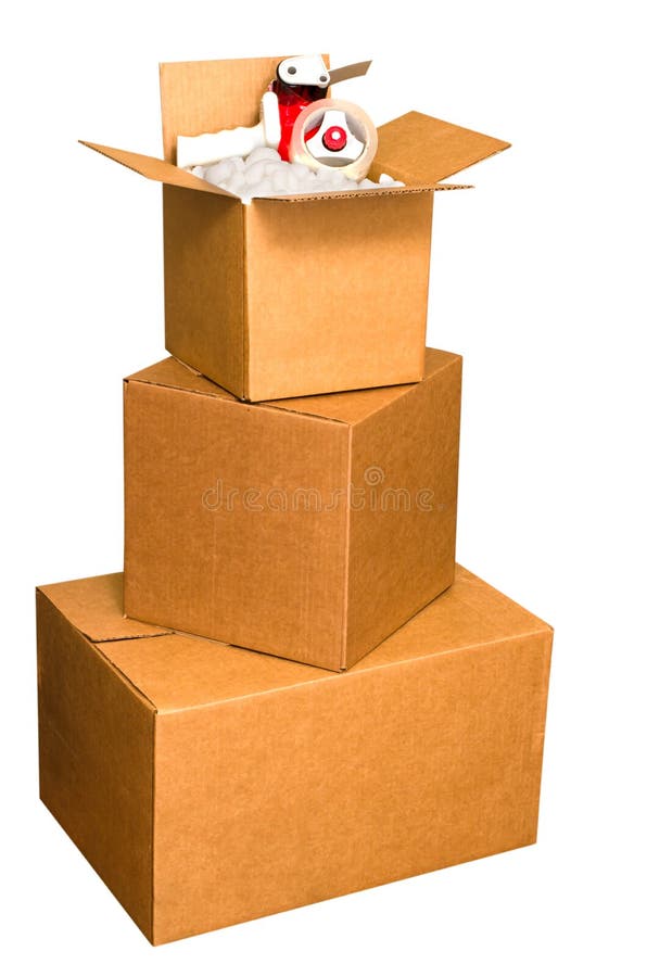 Shipping Boxes. With packing peanuts and tape dispenser isolated on white background with clipping path stock photography