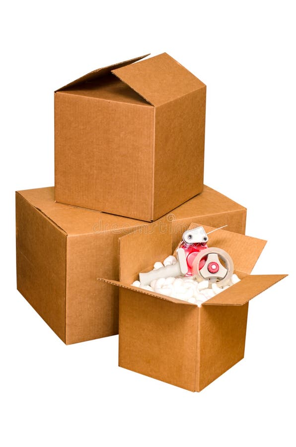 Shipping Boxes. With packing peanuts and tape dispenser isolated on white background with clipping path royalty free stock images
