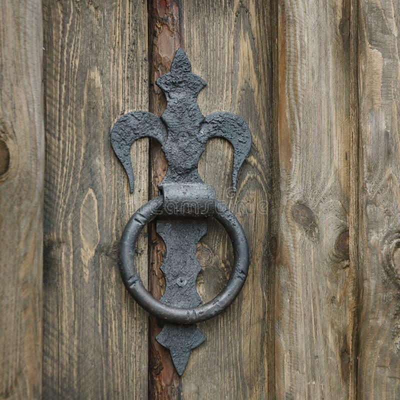 Vintage iron handle in the form of a ring on a wooden door stock images